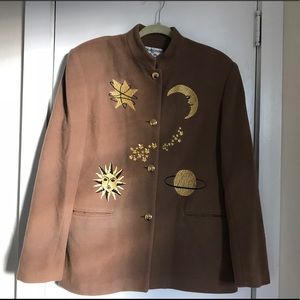 Vintage Tan Wool Coat with Gold Space Embroidery